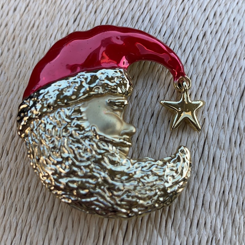 Signed AJC half moon Santa brooch pin